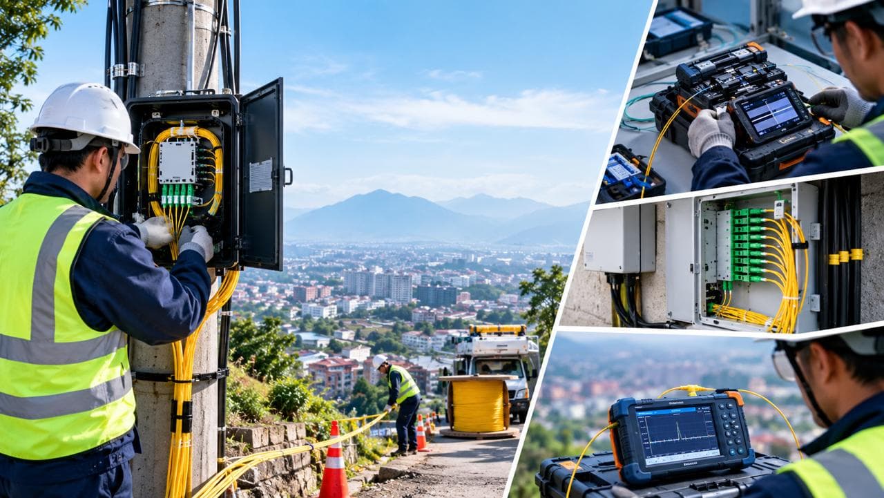 Fiber engineer testing and splicing an optical network connection