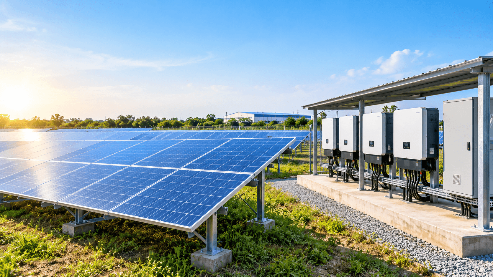 Ground-mounted solar panels and inverters at a client power site