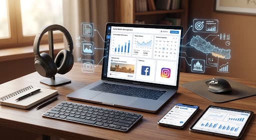 Laptop showing a social media management dashboard with analytics and content calendar