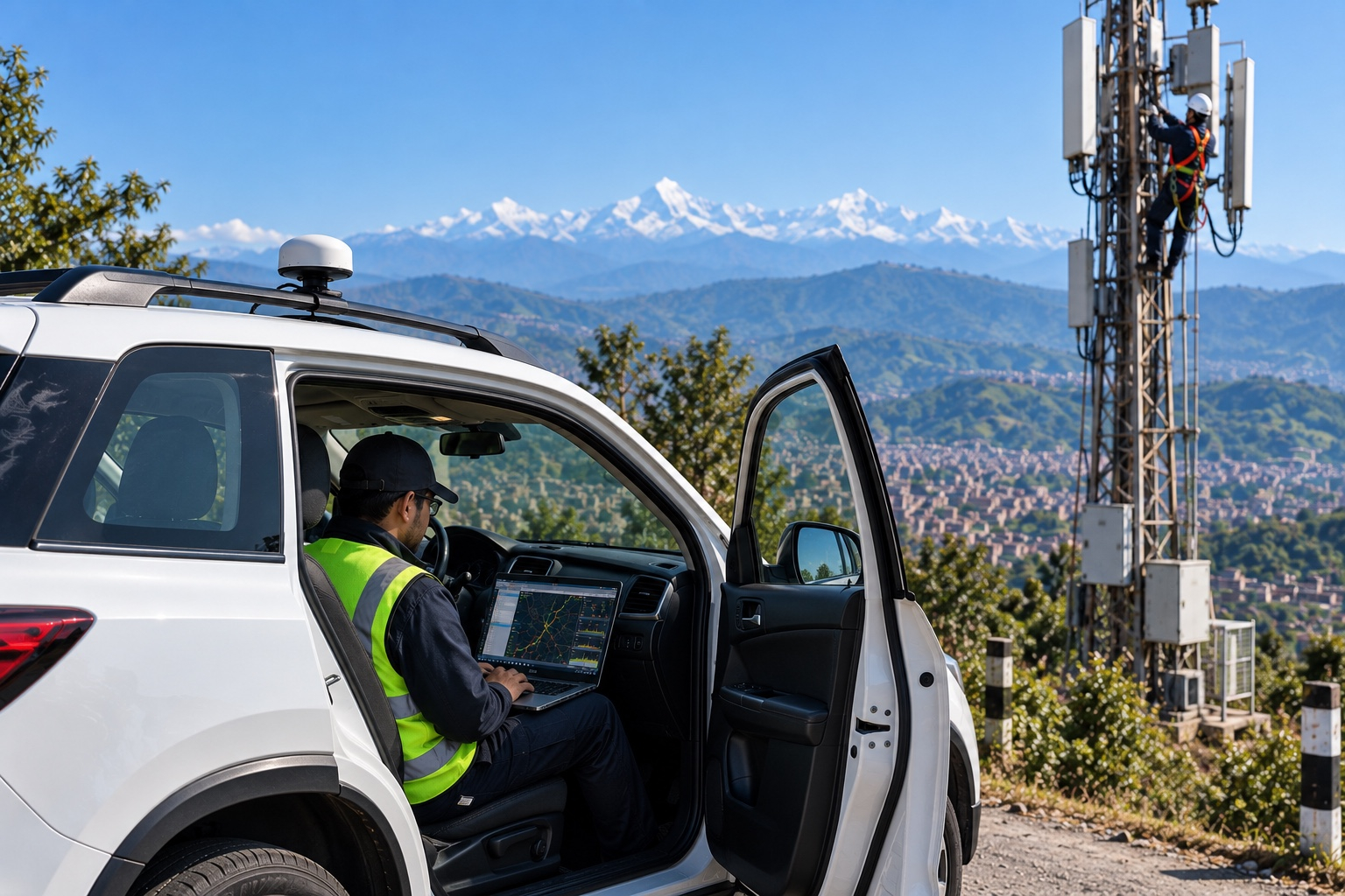 RF drive test vehicle on a Nepal field route